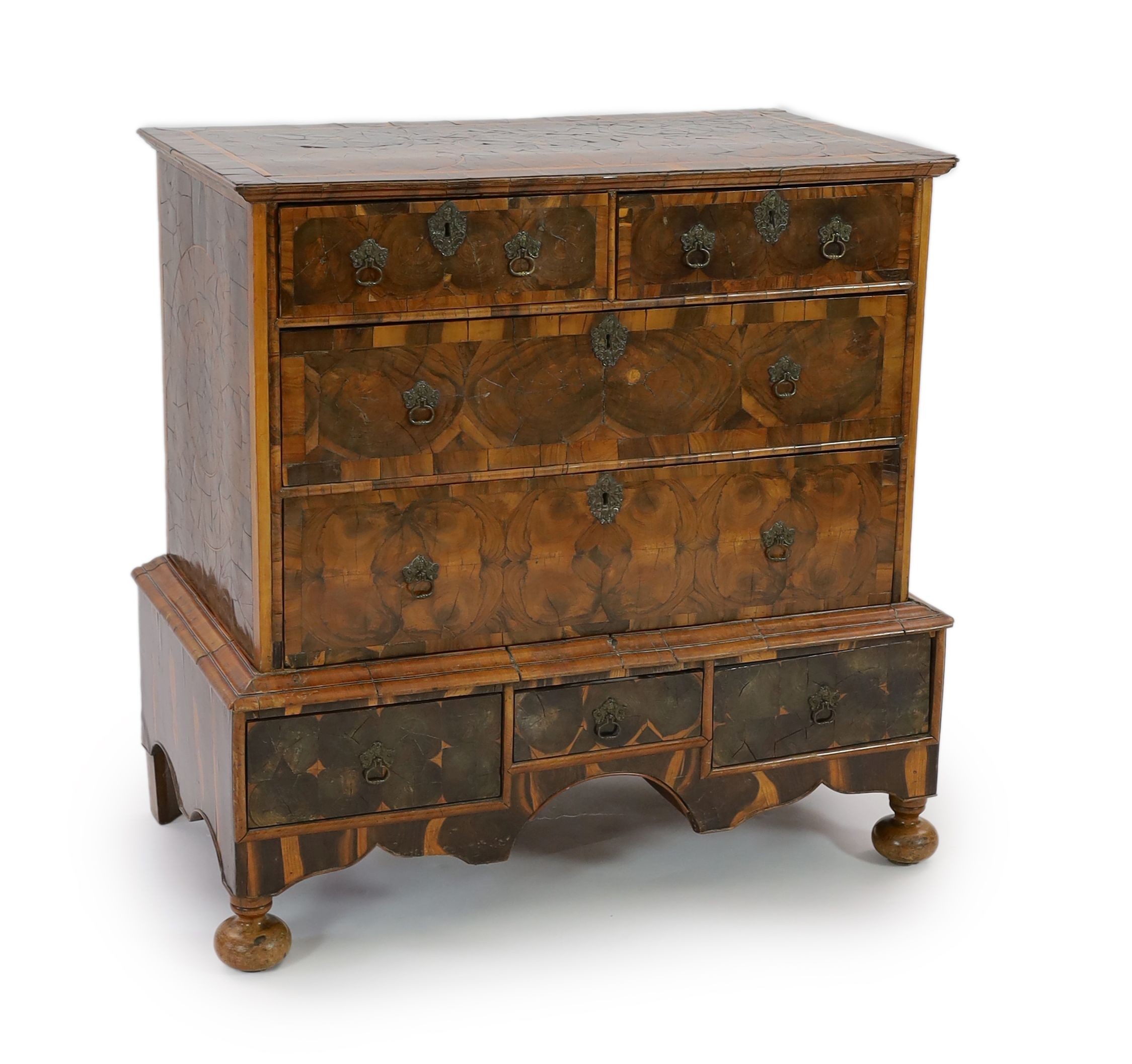 A William and Mary oyster olivewood and kingwood walnut chest on stand, W.97cm D.55cm H.95cm
